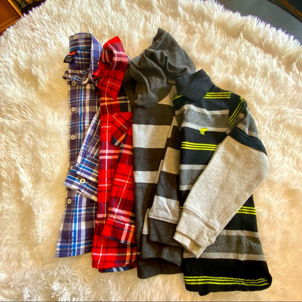 BUNDLE 5T Long sleeve Collared Plaid Flannel Polo Thermal Hooded 4 Shirts